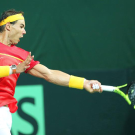 El tenista español Rafael Nadal en un momento del partido de dobles contra India. - EFE