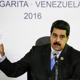 El presidente de Venezuela, Nicolas Maduro, en la rueda de prensa al finalizar la cumbre de paises no alineados en Porlamar. REUTERS/Marco Bello