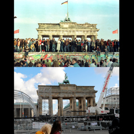 La imagen combinada muestra (arriba) a ciudadanos de Berlín Occidental en vigilia sobre el Muro frente a la Puerta de Brandeburgo el 10 de noviembre de 1989, y (abajo) el mismo monumento en 2019. Este 9 de noviembre, Alemania celebrará el 3