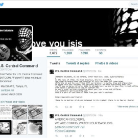 Captura de la página de la cuenta de Twitter del Comando Central de EE.UU., encargado de las operaciones en Irak y Siria, que fue pirateada y en donde se publicó mensajes extremistas y datos personales de miembros del Pentágono.
