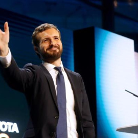 El líder del PP, Pablo Casado, durante el mitin de cierre de la campaña electoral para los comicios del 10 de noviembre, que la formación celebra este viernes en la plaza de toros de Las Ventas, en Madrid. EFE/ Ballesteros