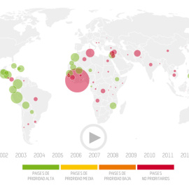 Mapa en el que se observa la distribución de la ayuda española en 2013. OXFAM