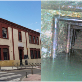 A la izquierda, el antiguo colegio Público  Fernán Caballero, en Vallecas, y a la derecha el posible refugio de la Guerra Civil encontrado cuatro metros bajo el suelo en la parcela de este colegio.- AYUNTAMIENTO DE MADRID