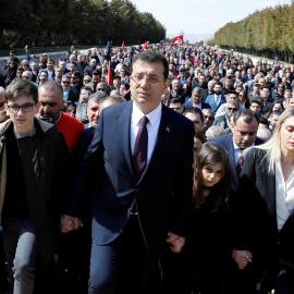 Ekrem Imamoglu, main opposition Republican People's Party (CHP) candidate for mayor of Istanbul, visits Anitkabir, the mausoleum of modern Turkey's founder Mustafa Kemal Ataturk, as he is flanked by his family members and supporters in Anka