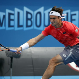 El español David Ferrer golpea la bola contra el brasileño Thomaz Bellucci. /EFE