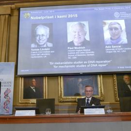 Momento del anuncio de los tres investigadores galardonados con el Nobel./ REUTERS
