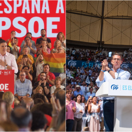  A la izquierda, el  presidente del Gobierno Pedro Sánchez interviene en el acto de inicio de campaña en la Casa de Campo de Madrid. A la derecha, el candidato a la Presidencia del Gobierno del PP Feijóo interviene en un acto de campaña ele