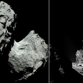 Cometa Churyumov-67P/Gerasimenko y detalle de uno de sus agrestes ‘acantilados’. / ESA/OSIRIS/NAVCAM