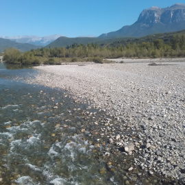 El río Cinca, el principal afluente del Ebro por su volumen de agua, bajaba así esta semana a su paso por Aínsa, en el Pirineo oscense.