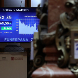 Vista de un panel que muestra la evolución del Ibex 35, principal indicador de la Bolsa española. EFE/ Ballesteros