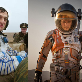 A la izquierda Pedro Duque justo después de tomar tierra en una imagen de la ESA. A la derecha, el protagonista de The Martian recurre a la ciencia para sobrevir en Marte. / 20th Century Fox