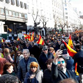 Vista de los participantes en la manifestación celebrada hoy en Madrid, convocada en redes sociales bajo en lema "Por el Futuro de España Unida", coincidiendo con la primera sesión de la jornada de investidura de Pedro Sánchez. EFE/Zipi