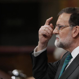 31/05/2018.- El presidente del Gobierno, Mariano Rajoy, durante su intervención ante el pleno del Congreso, en la primera jornada de la moción de censura presentada por el PSOE contra el Gobierno. EFE/ Javier Lizón