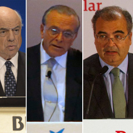 Los presidentes de los grandes bancos españoles: Ana P. Botín (Santander), Francisco González (BBVA), Isidre Fainé (Caixabank), Ángel Ron (Popular) y Josep Oli´(Sabadell). REUTERS
