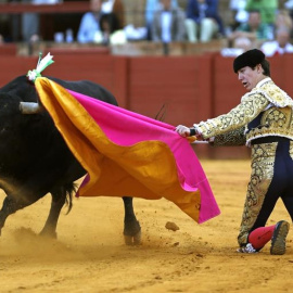 El diestro Esaú Fernández ve como su primer toro, de la ganadería de Las Ramblas, le arrebata el capote enganchado en el pitón. EFE