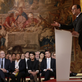 El presidente frances Francois Hollande durante su rueda de prensa semestral en el Palacio del Eliseo. REUTERS/Philippe Wojazer