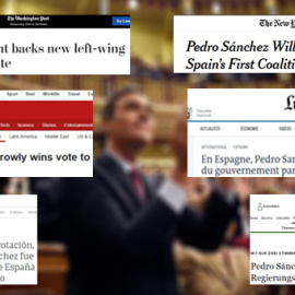 Captura de pantalla de titulares de noticias sobre la investidura de Pedro Sánchez en varios medios extranjeros.