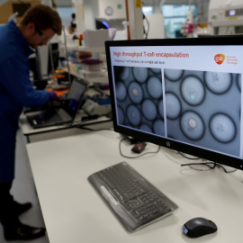 Un científico estudia las células cancerígenas dentro de los glóbulos blancos a través de un microscopio en el centro de investigación de GlaxoSmithKline (GSK) en Stevenage, Reino Unido, el 26 de noviembre de 2019. REUTERS/Peter Nicholls