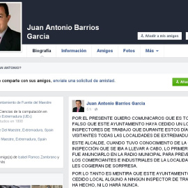 Nota emitida por el alcalde de Fuente del Maestre en la que presume en su Facebook de haber avisado a sus vecinos de la inspección laboral