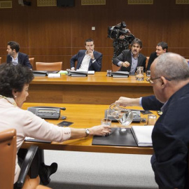 Los miembros de Ponencia de Autogobierno del Parlamento Vasco Antonio Damborenea y Borja Sémper, del PP; Gorka Maneiro, de UPyD; Pello Urizar, Hasier Arraiz y Rebeka Ubera, de EH Bildu e Isabel Celaá, del PSE-EE y Joseba Egibar del PNV. EFE