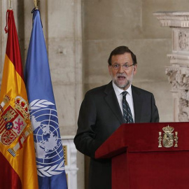 El presidente del Gobierno, Mariano Rajoy, durante su intervención en el acto solemne que se celebra para conmemorar el 70 aniversario de la Carta de las Naciones Unidas y los 60 años transcurridos desde el ingreso de España en la ONU. /EFE