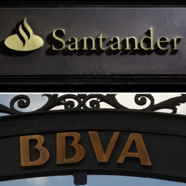 Los logos de los bancos Santander y BBVA, en sus oficinas en Madrid. REUTERS