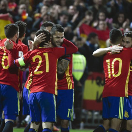 Vitolo celebra su gol ante Macedonia. EFE/MIGUEL ÁNGEL MOLINA