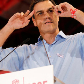 El secretario general del PSOE, Pedro Sánchez, este sábado, durante su intervención en el acto político celebrado en la localidad almeriense de Viator. EFE/Carlos Barba
