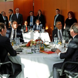 Barack Obama junto a la primera ministra británica, Theresa May, el presidente del Gobierno español, Mariano Rajoy, el primer ministro italiano, Matteo Renzi, el primer ministro francés, Francois Hollande y la canciller alemana, Angela Merk