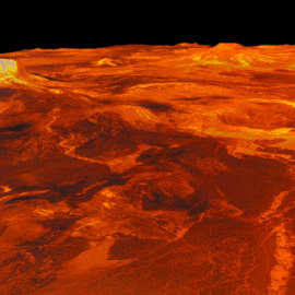 Recreación en 3D de la región venusiana Western Eistla, a partir de imágenes obtenidas por la sonda Magallanes / JPL-NASA.