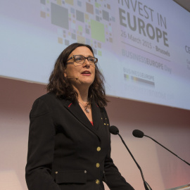 La comisaria de comercio de la UE, Cecilia Malmström, en  la jornada organizada por la patronal europea.