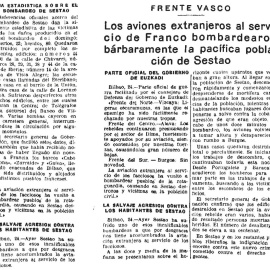 Recorte de un periódico de la época en el que se recoge la noticia del bombardeo franquista sobre Sestao.