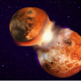 Ilustración de dos planetas (uno de ellos la Tierra) en una colisión que conduce a la formación de la Luna. / Hagai Perets