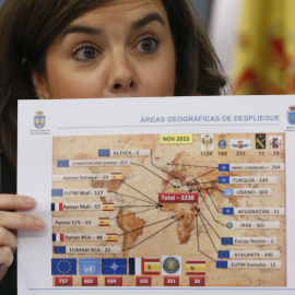 La vicepresidenta del Gobierno, Soraya Sáenz de Santamaría, muestra un mapa que señala la localización de tropas españolas en el extranjero, durante la rueda de prensa posterior a la reunión del Consejo de Ministros celebrada en el Palacio 