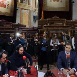 El líder del Podemos, Pablo Iglesias, y el de Ciudadanos, Albert Rivera, atienden a las radios en el hemiciclo del Congreso de los Diputados, en las jornadas de puertas abiertas. EFE