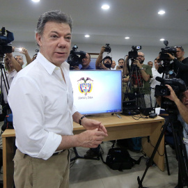 El presidente de Colombia, Juan Manuel Santos, en la rueda de prensa en la que ha anunciado el hallazgo del galeón San José en el caribe colombiano. EFE/RICARDO MALDONADO ROZO