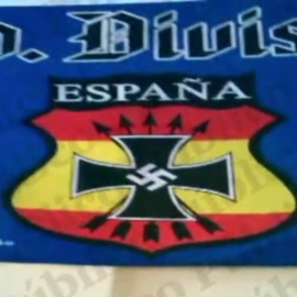 Captura del vídeo del cuartel del Regimiento de Cazadores de Montaña 'América' 66, en la que se ve la enseña de la División 250, conocida como División Azul. PÚBLICO