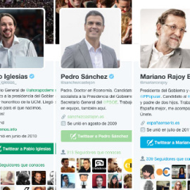 Perfiles en Twitter de los líderes de los principales partidos españoles.-
