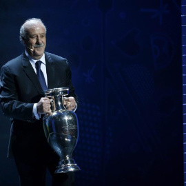El seleccionador nacional Vicente del Bosque con la copa que acredita a España como vigente campeón de la última Eurocopa.- EFE