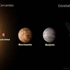 Ilustración de la estrella Cervantes y los cuatro exoplanetas que orbitan a su alrededor.