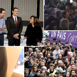 Varios momentos de la campaña electoral del 20-D. De izquierda a derecha y de arriba a abajo: Los participantes del debate electoral a 4 en Atresmedia; la agresión a Mariano Rajoy en Pontevedra; la concejala de C's en Madrid comiendo un bol