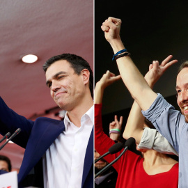 El líder del PSOE, Pedro Sánchez, y el de Podemos, Pablo Iglesias, celebran con sus seguidores los resultados de las elecciones del 20-D. REUTERS