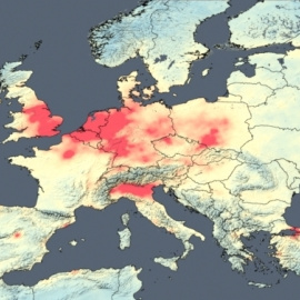 Concentración media de dióxido de nitrógeno en Europa en 2014, obtenida por el satélite Aura. El rojo es el nivel más elevado y el azul el más bajo./ NASA./Goddard Space Flight Center