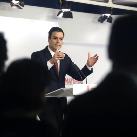 El secretario general del PSOE, Pedro Sánchez, durante la rueda de prensa del miércoles en Ferraz. /EFE