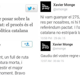 Tuits del ex excabeza de lista de la CUP por Barcelona en las elecciones municipales de 2011, Xavier Monge, criticando la marcha del proceso soberanista.