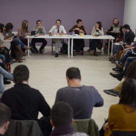 El secretario general de Podemos, Pablo Iglesias, durante su intervención en el Consejo Ciudadano, sobre los resultados del partido en las elecciones del 20-D.