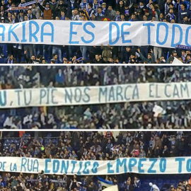 Algunas de las pancartas exhibidas anoche en el estadio de Cornellá.