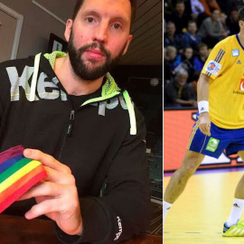 Combo de Tobias Karlsson sosteniendo el brazalete y con su selección.