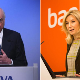 El presidente de BBVA y la consejera delegada de Bankinter, María Doplores Dancausa. EFE/REUTERS