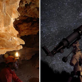 Mina de 'lapis specularis' en Saceda del Río (Cuenca) y un telescopio de observación frente a un cielo nocturno. /ALS-Omsi